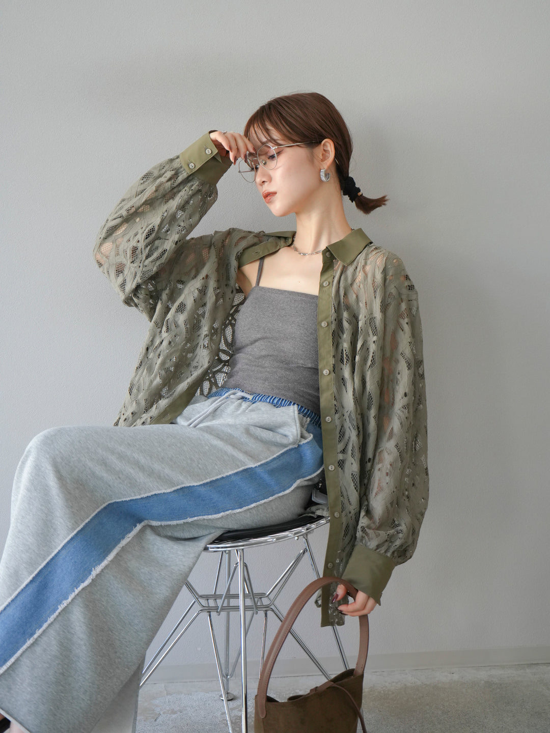 [SET]コードレースオーバーシャツ+デニムドッキングスウェットスカート(2set)