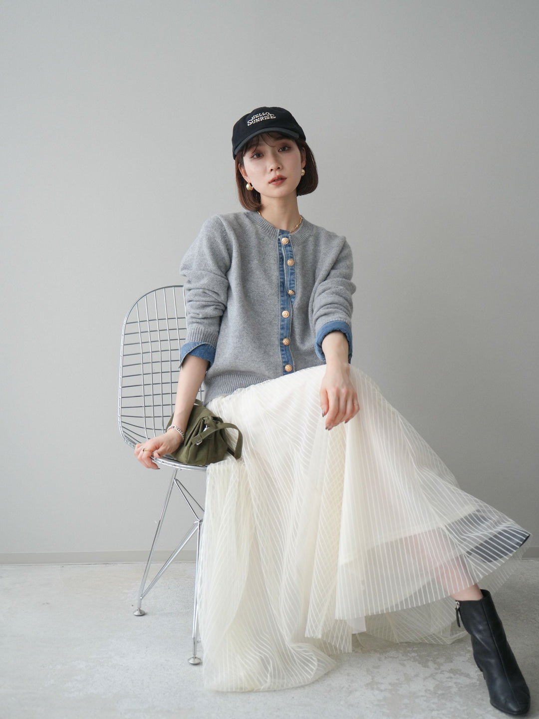 [SET]クルーネックデニムドッキングニットカーディガン+選べるアクセセット(2set)