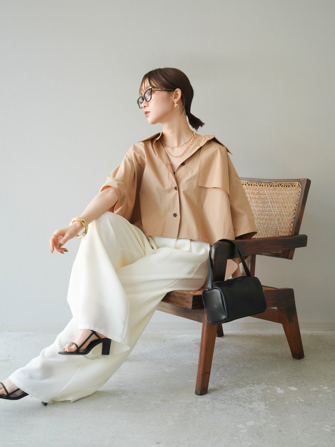 [SET]ポンチョショートシャツ+リネンライクイージーワイドパンツ(2set)