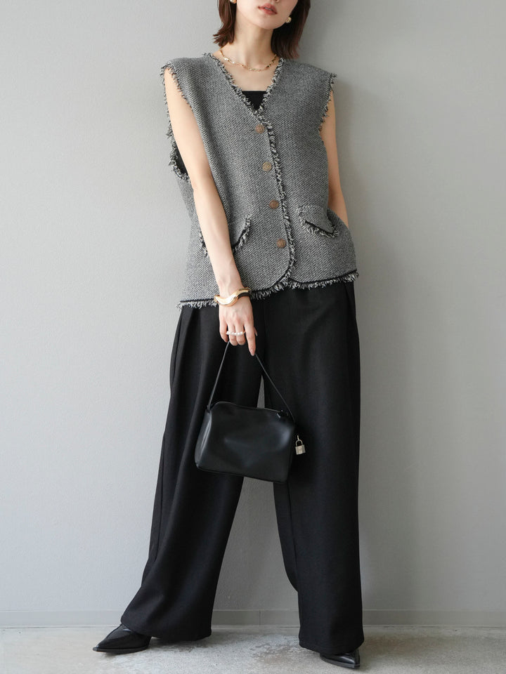 [予約]レザーパイピングタックワイドパンツ/ブラック