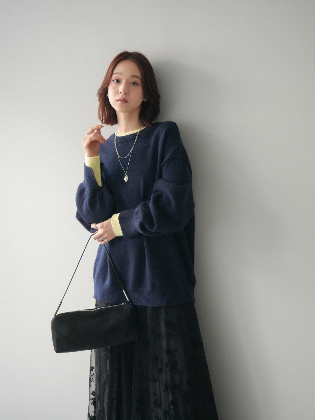 [SET]ヘンリーネック配色レイヤードニットプルオーバー+フラワーフロッキーチュールプリーツスカート(2set)