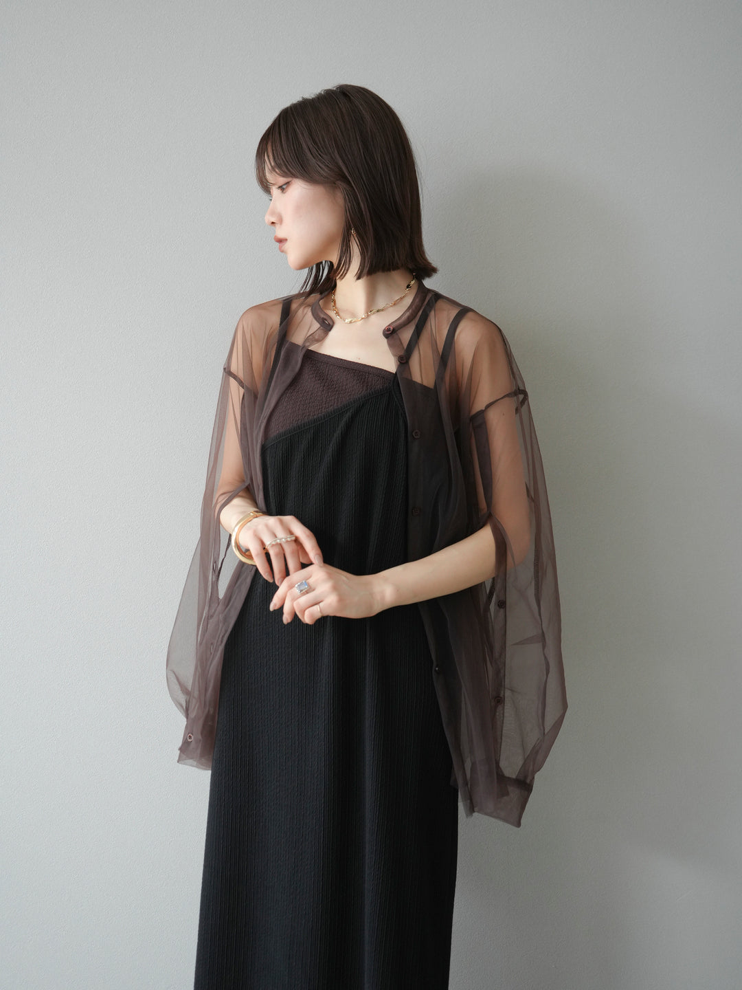 [予約]2WAYスリーブチュールシャツ/ブラウン