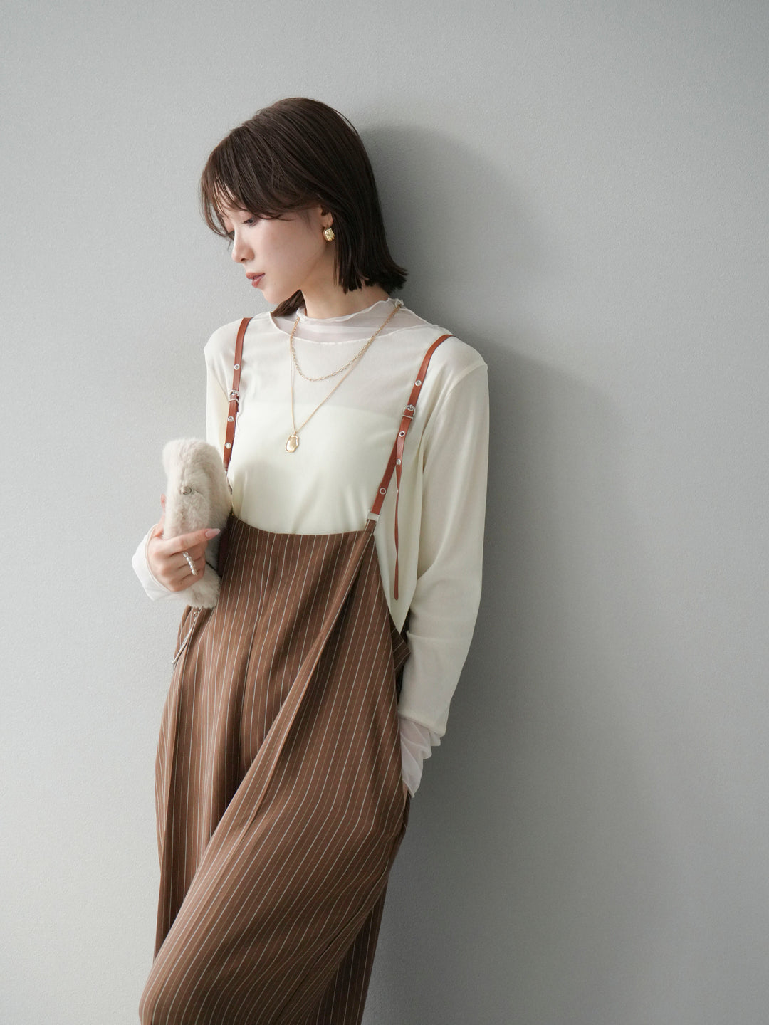 【着回しセット】[SET]ヘリンボーンストライプジレ+シアー切替ベロアトップス+ヘリンボーンストライプサロペット(3set)