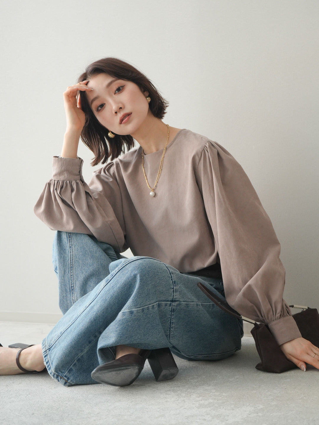 [予約]2WAYピーチスキンボリュームスリーブブラウス/mocha