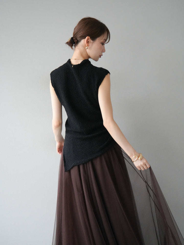 [SET]ブークレアシメニットノースリーブトップス+チュールボリュームスカート(2set)