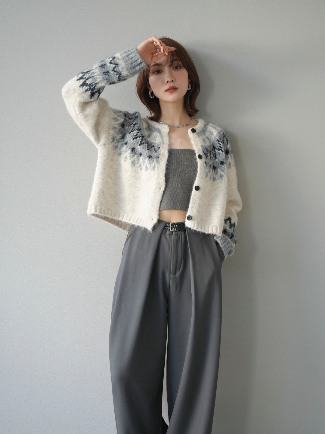 【着回しセット】[SET]求心柄クロップドニットカーディガン+ミックスヤーンペイズリー柄ニットカーディガン+ベルトループデザインワイドパンツ(3set)