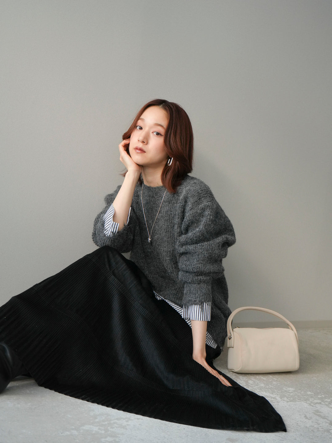 [予約]裾シャツレイヤードダメージニットプルオーバー/darkgrey