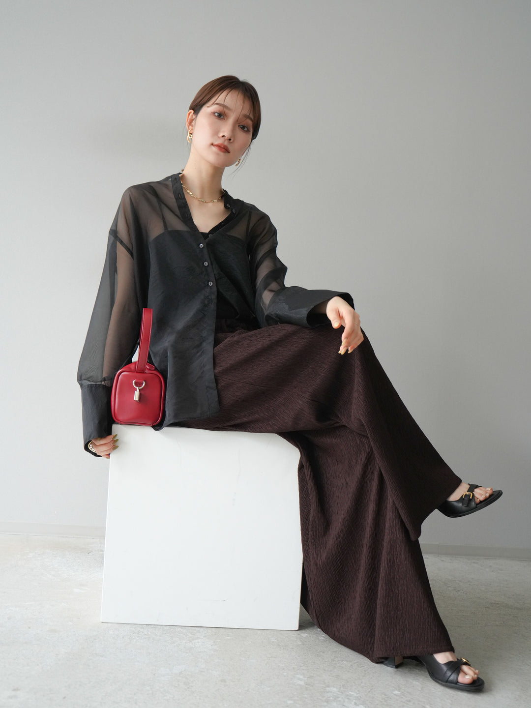 [SET] 亮面透視立領襯衫 + 柳葉寬褲 (2set)