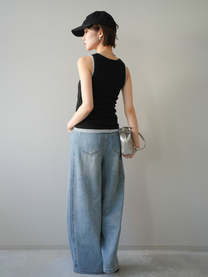 [SET]配色リブヘンリータンクトップ+ウエストベルトビジューワイドデニムパンツ(2set)