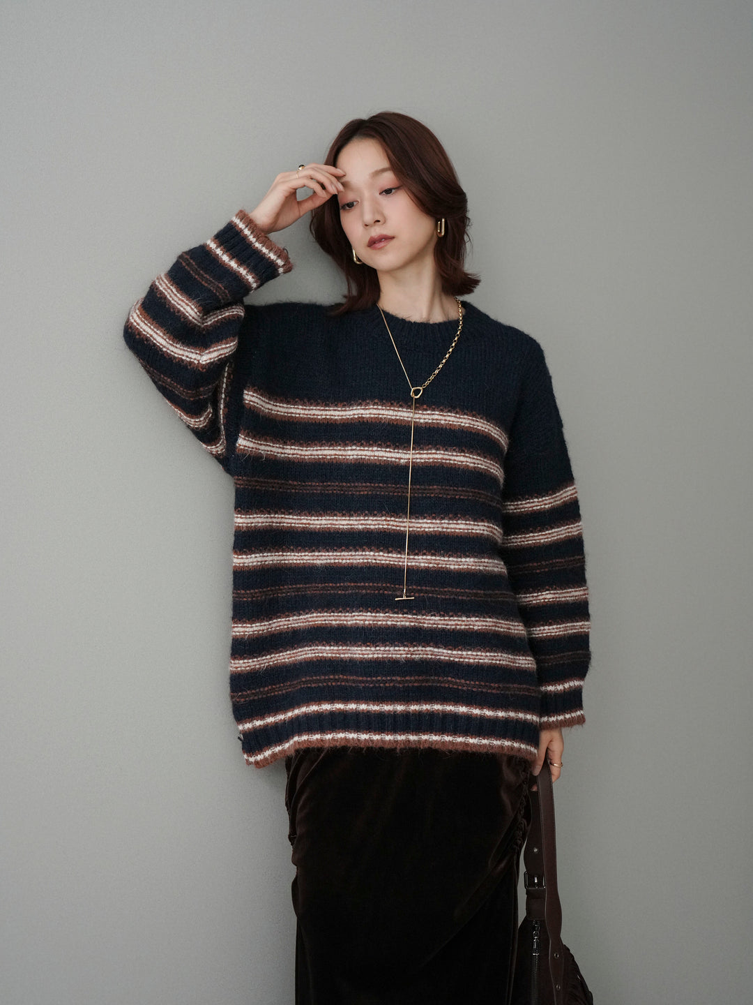 [SET]ステッチボーダーニットプルオーバー+ギャザーベロアスカート(2set)