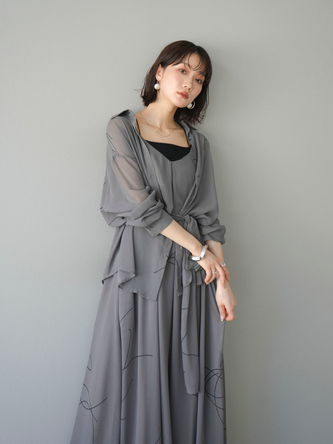 [SET]ペンタッチシフォンキャミワンピース+ペンタッチシフォンシャツ(2set)