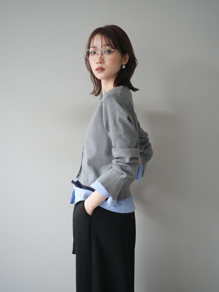 [SET]シャツ襟レイヤードニットカーディガン+ベルト付スウェットワイドパンツ(2set)