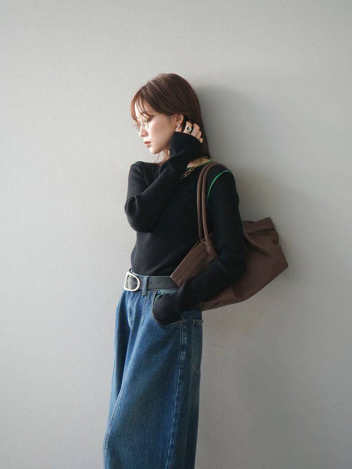 [予約]バイカラークルーネックリブニットトップス/black