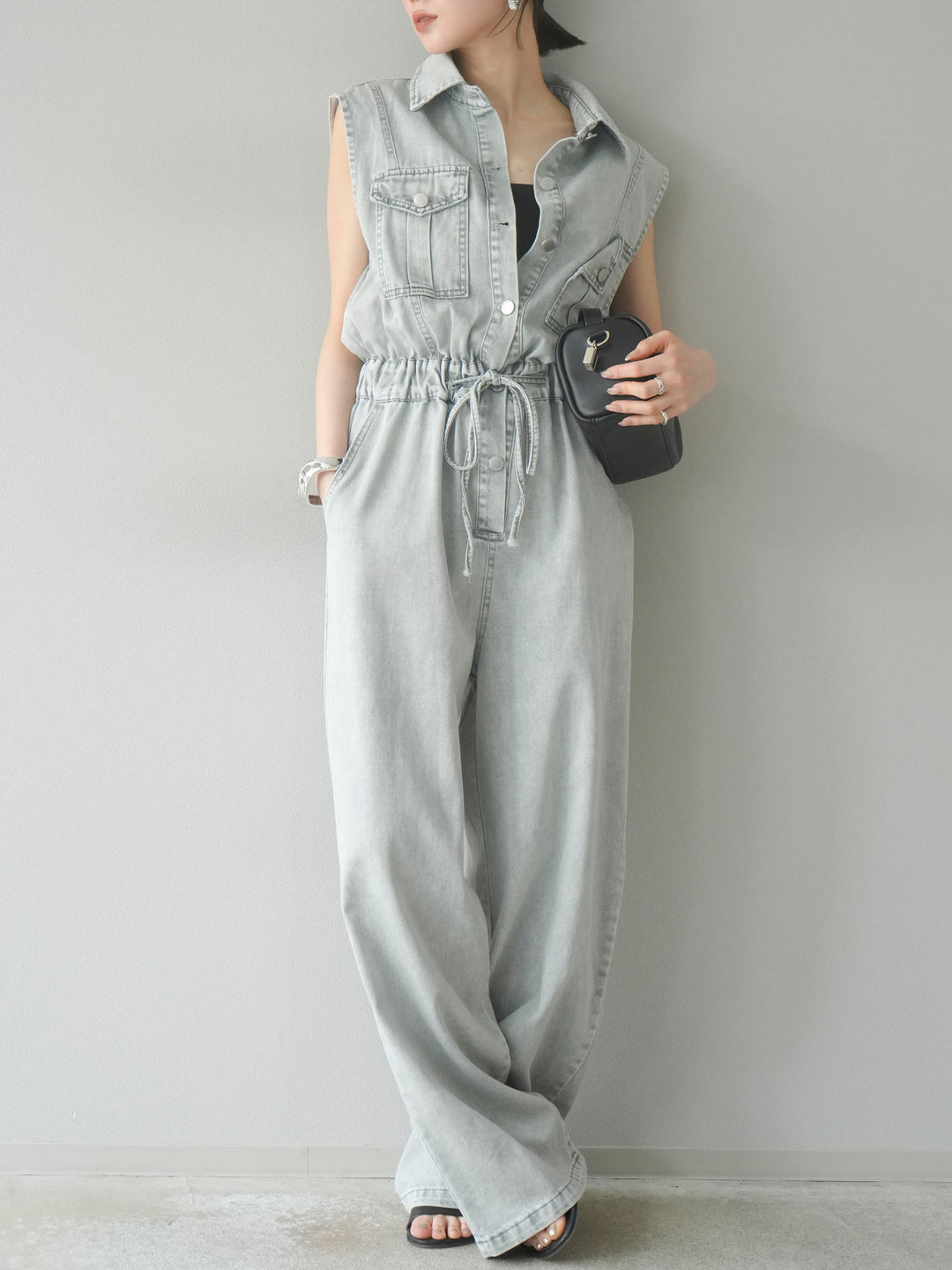[予約]ポケットデザインデニムオールインワン/グレー
