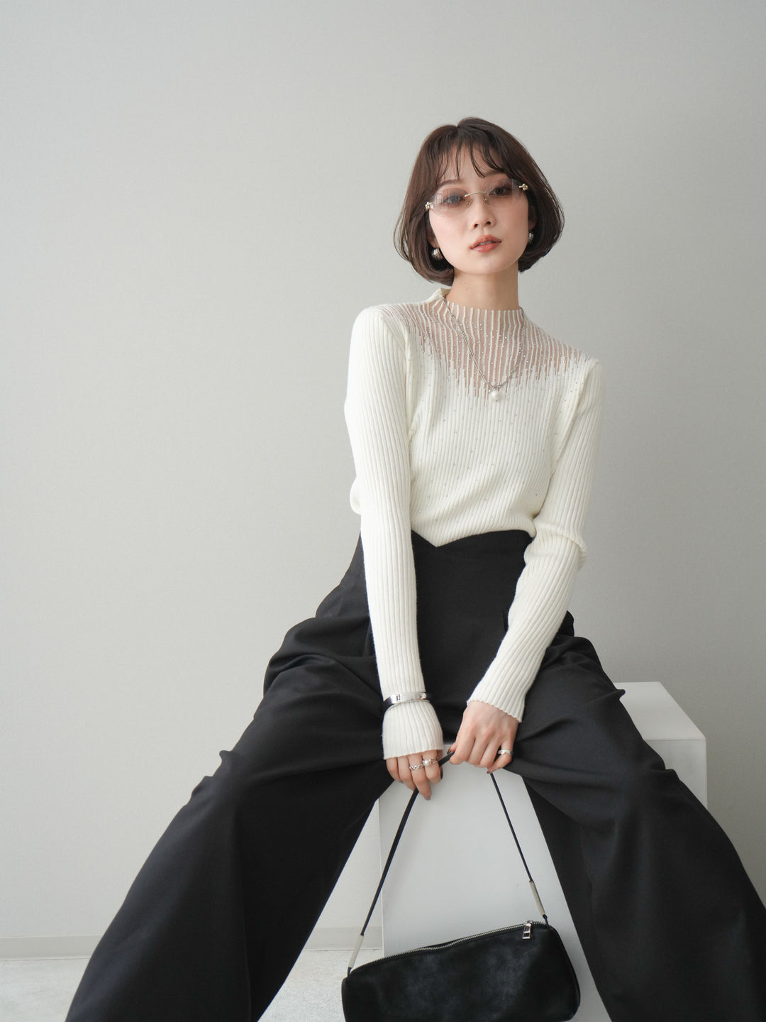 [予約]シアー切替スパンコールリブニットトップス/ivory