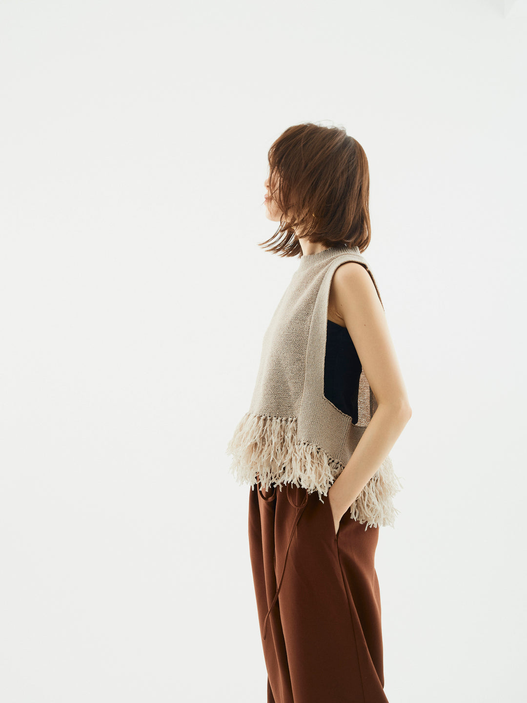 【Allure】[SET]フェザーヤーンニットベスト+ラップデザインタックワイドパンツ(2set)