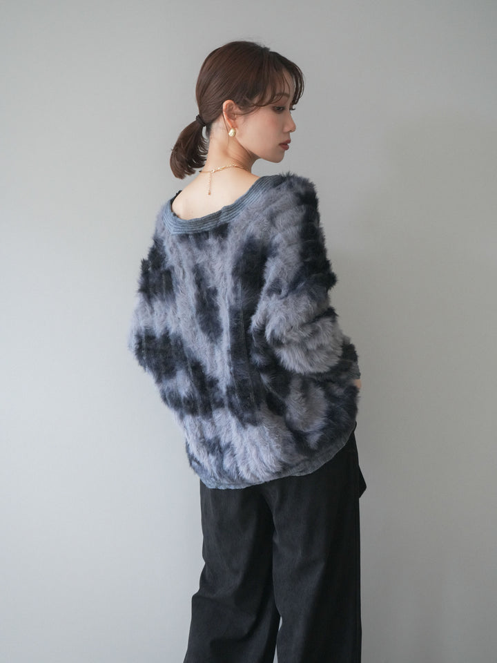 [予約]ニュアンス柄シャギーニットカーディガン/gray