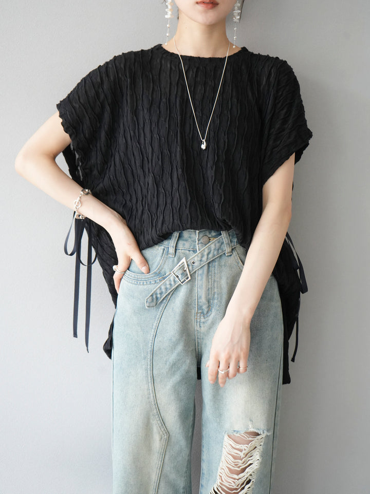 [Pre-order] Arm shirring sheer design mellow pullover/black