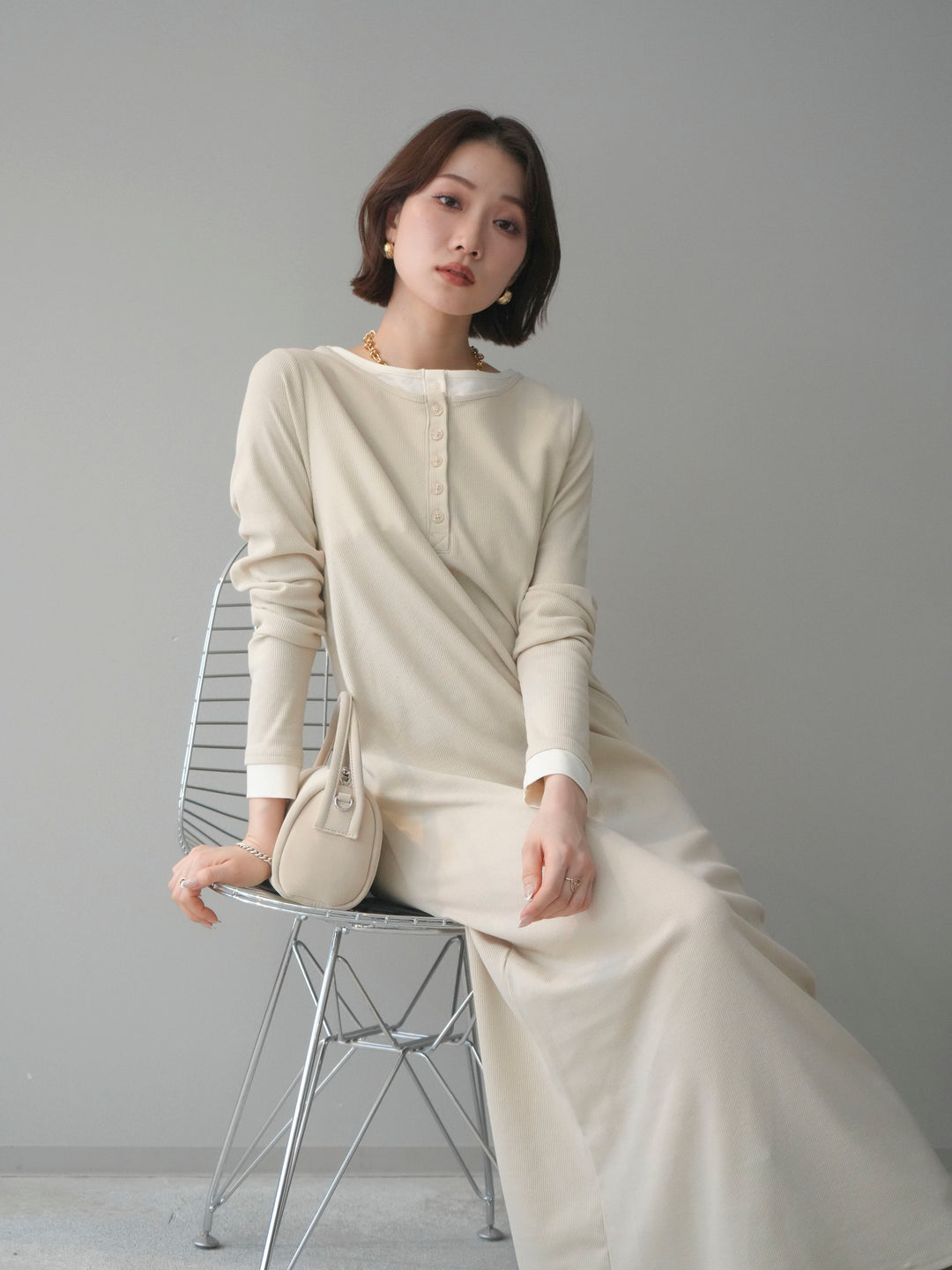 [予約]配色レイヤードヘンリーネックカットリブワンピース/ivory