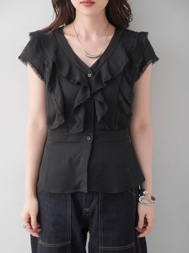 [予約]フリルレースデザインフレンチブラウス/black