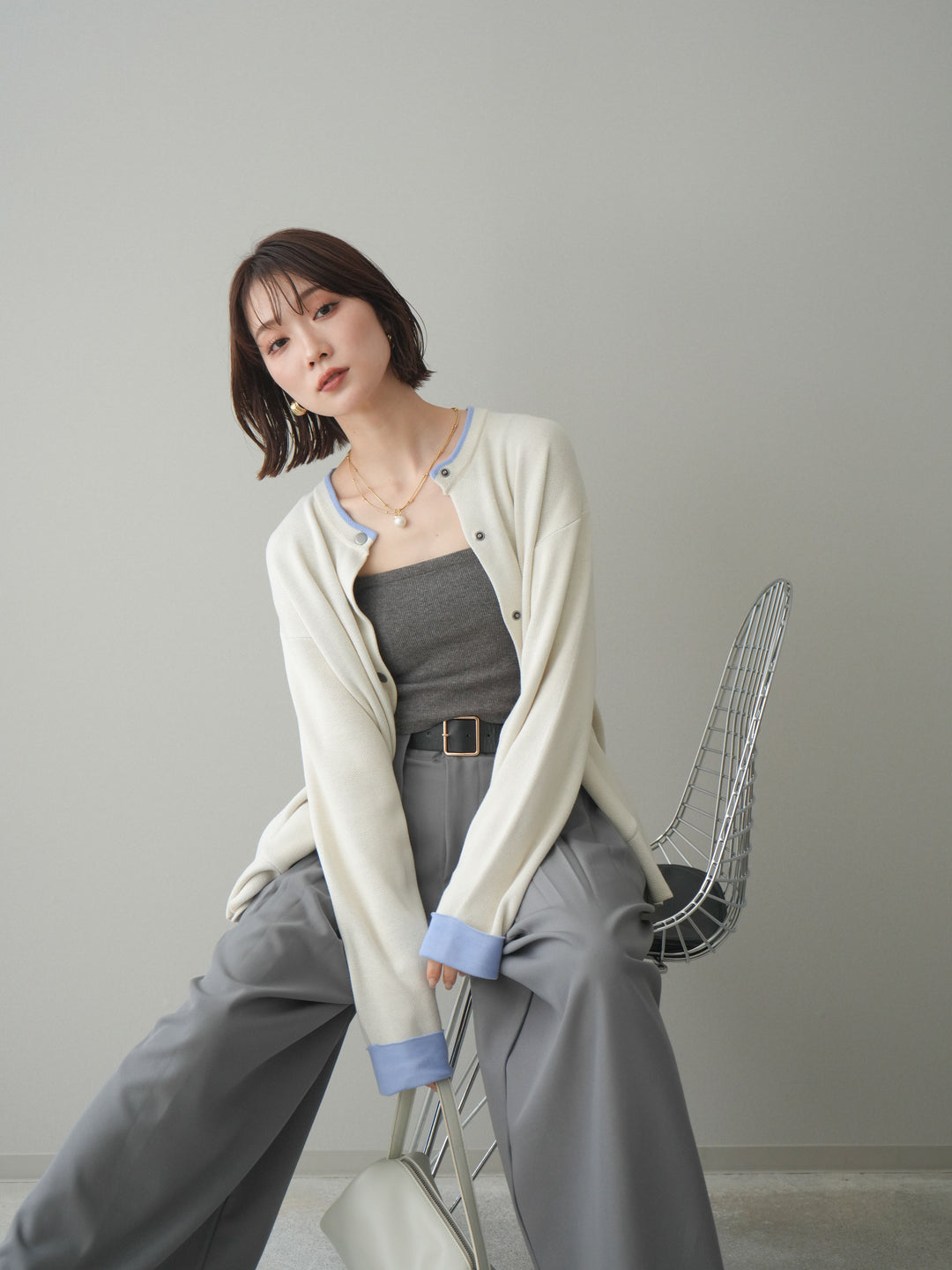 [SET]バイカラーオーバーニットカーディガン+タックベルトループワイドパンツ(2set)