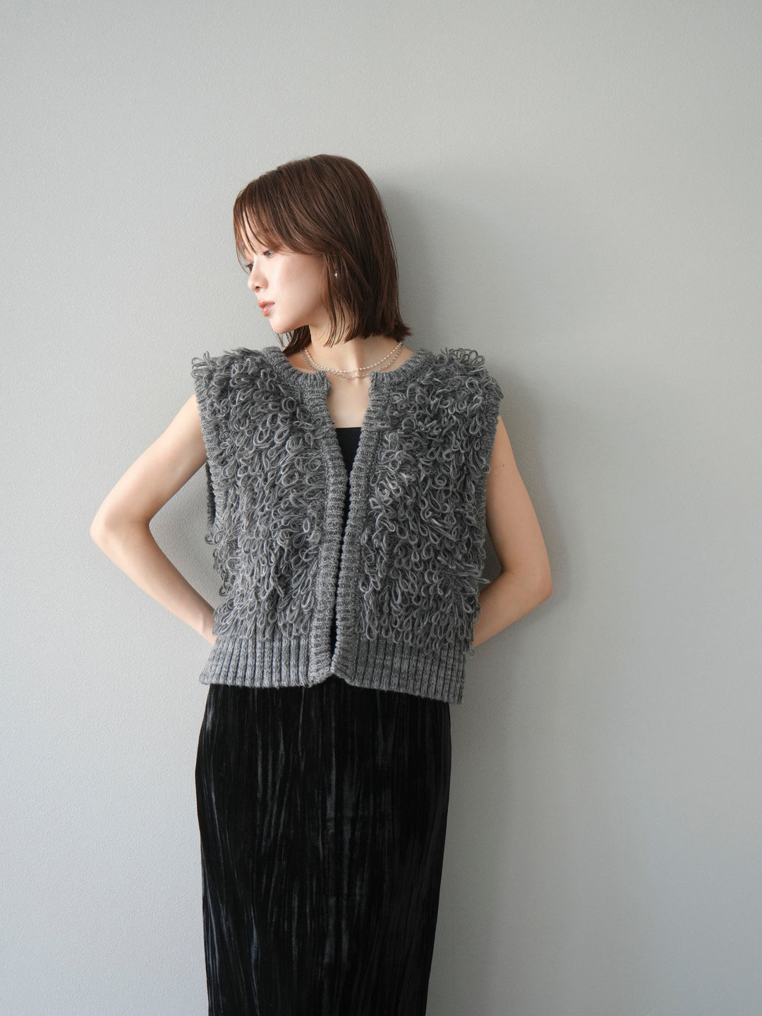 [SET]レザー襟オンブレチェックオーバーシャツ +ループデザインホックベスト +クラッシュベロアナロースカート(3set)