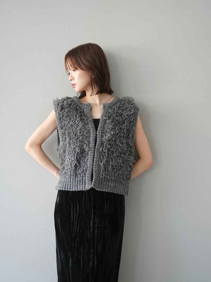 [SET]レザー襟オンブレチェックオーバーシャツ +ループデザインホックベスト +クラッシュベロアナロースカート(3set)