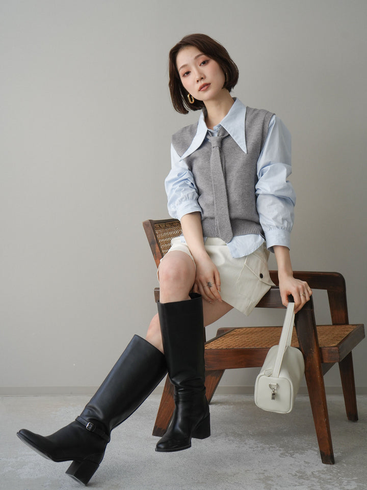 【套裝】蝴蝶結針織背心套裝襯衫+繫帶工裝迷你裙（兩件組）