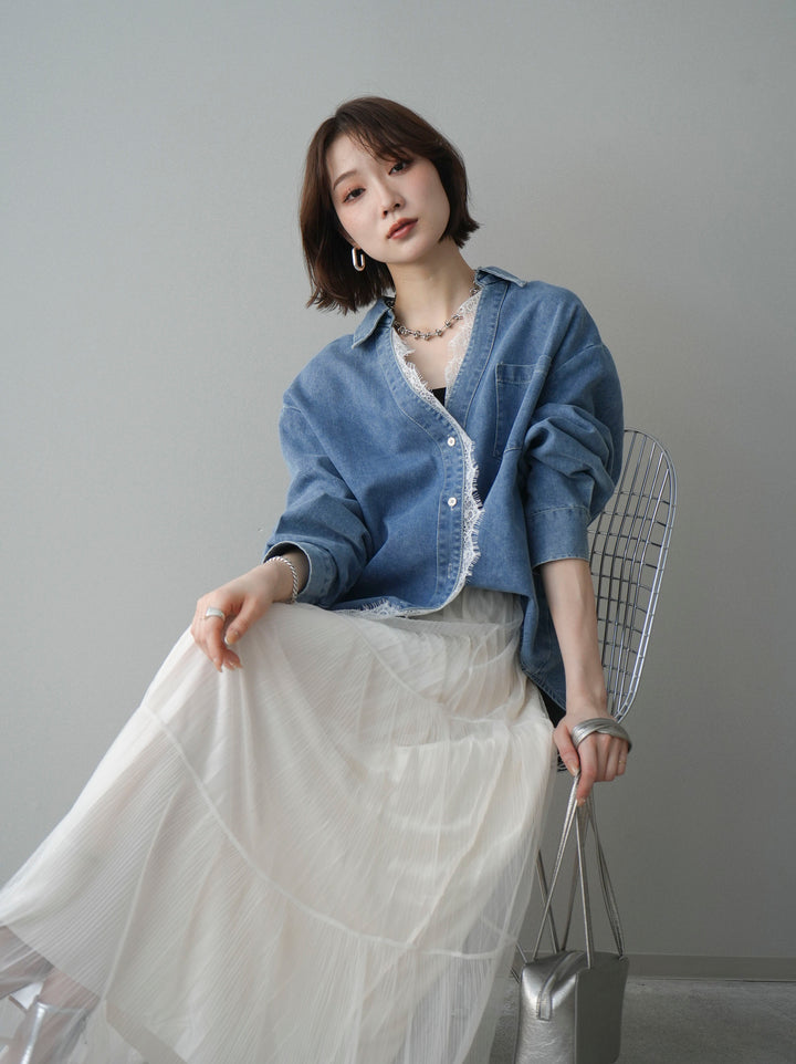 [SET]レースレイヤードデニム開襟シャツ+選べるアクセセット(2set)