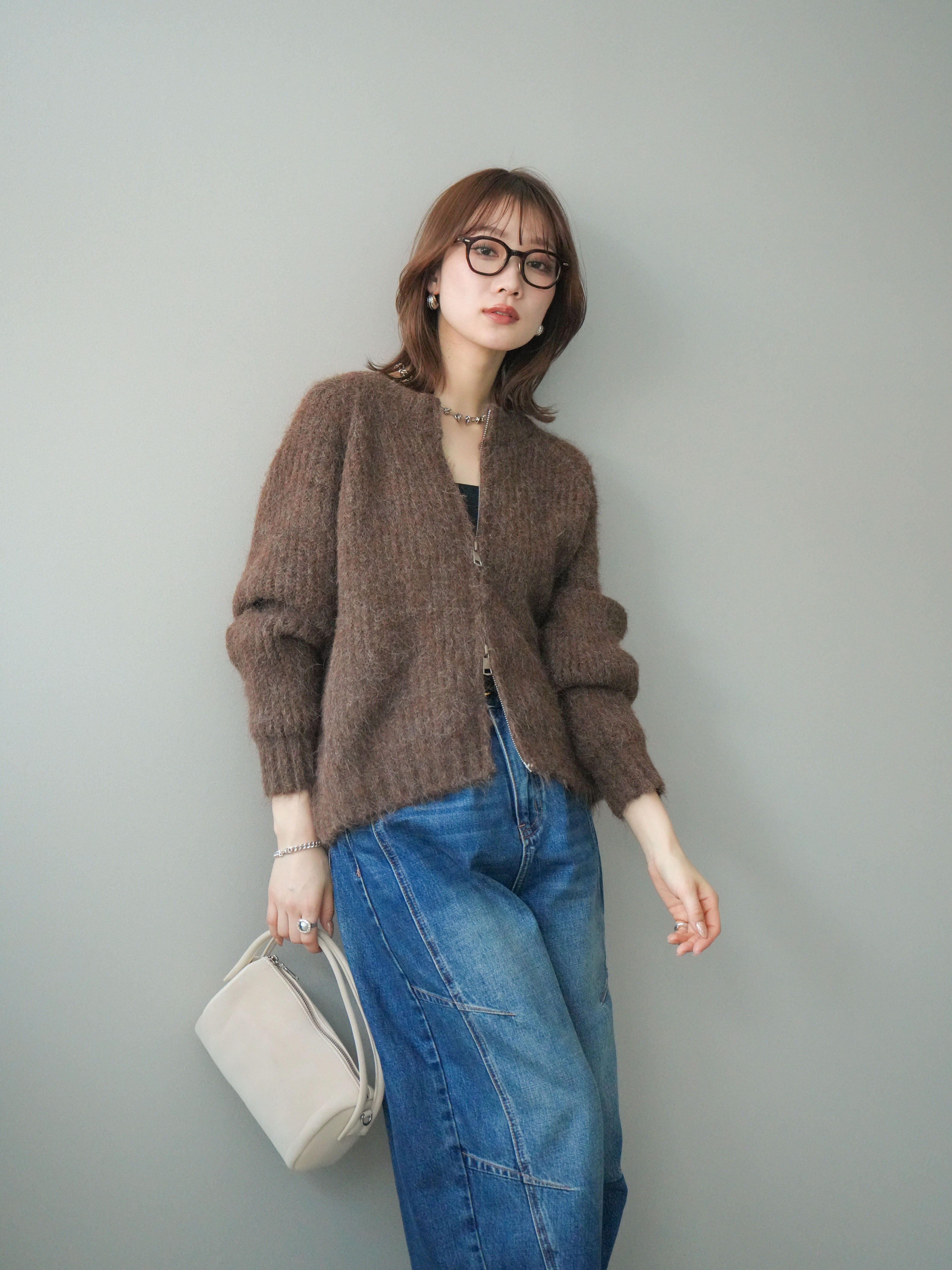 予約]MIXヤーンモヘアタッチZIPニットカーディガン/brown – Lumier