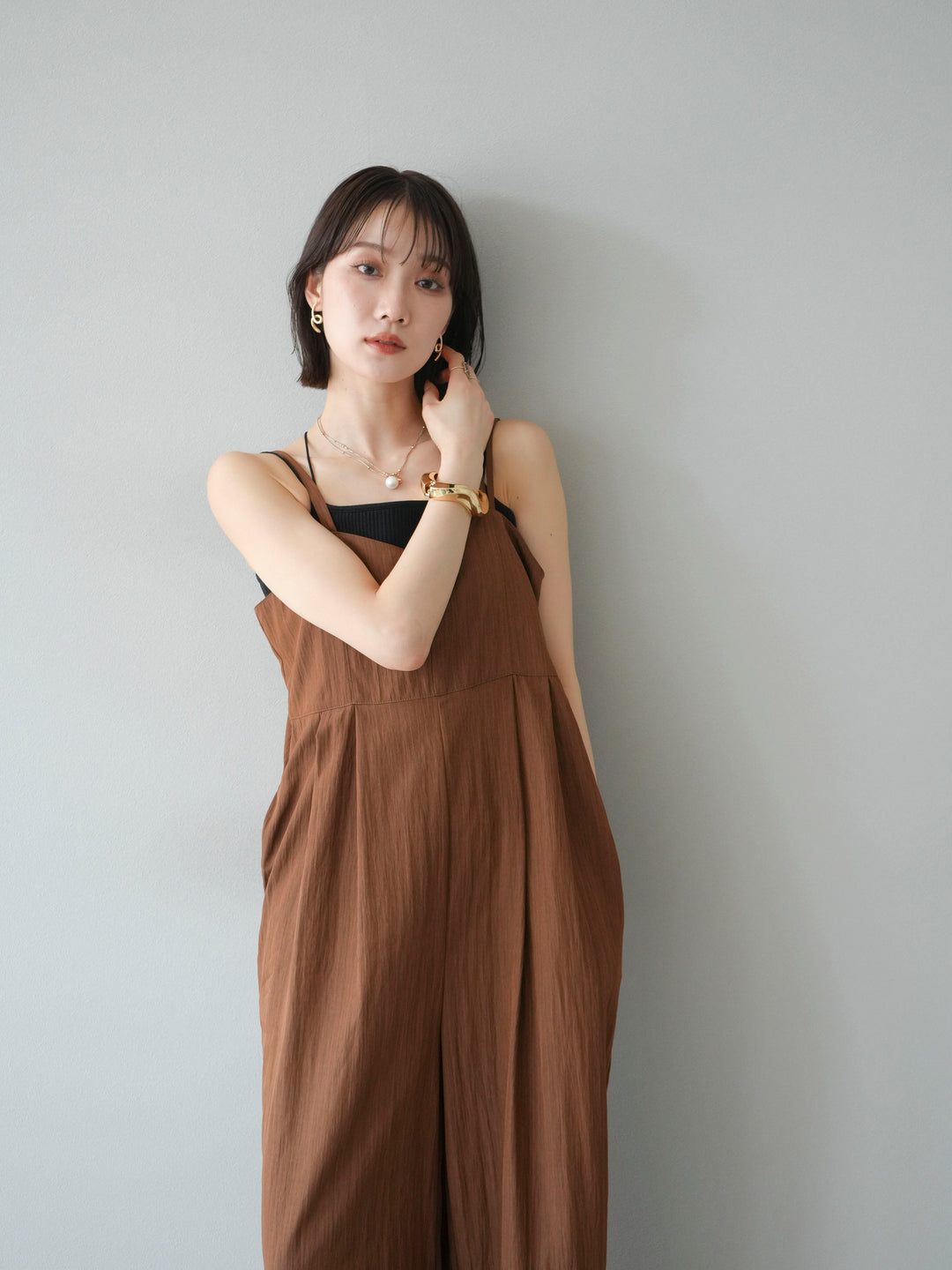 [SET]リネンライクビスチェデザインサロペット+ダブルストラップカットリブブラキャミソール(2set)