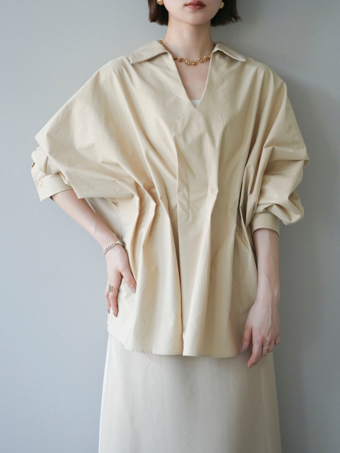 [予約]ウエストギャザースキッパーシャツ/beige