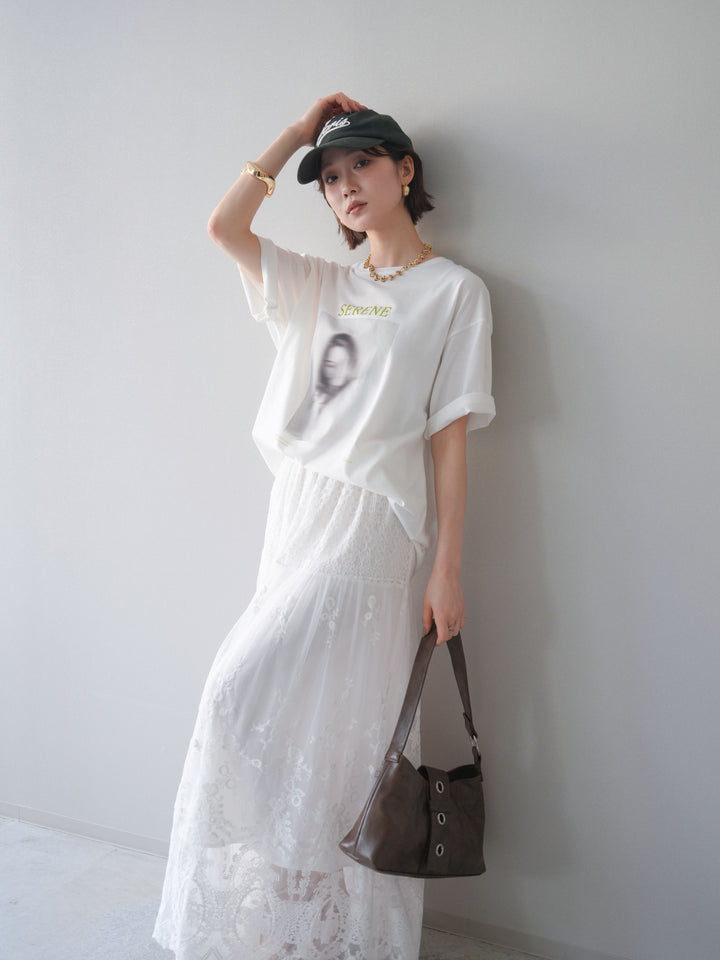 [SET]ブラーアートフォトTシャツ+シアーレースマキシスカート(2set)