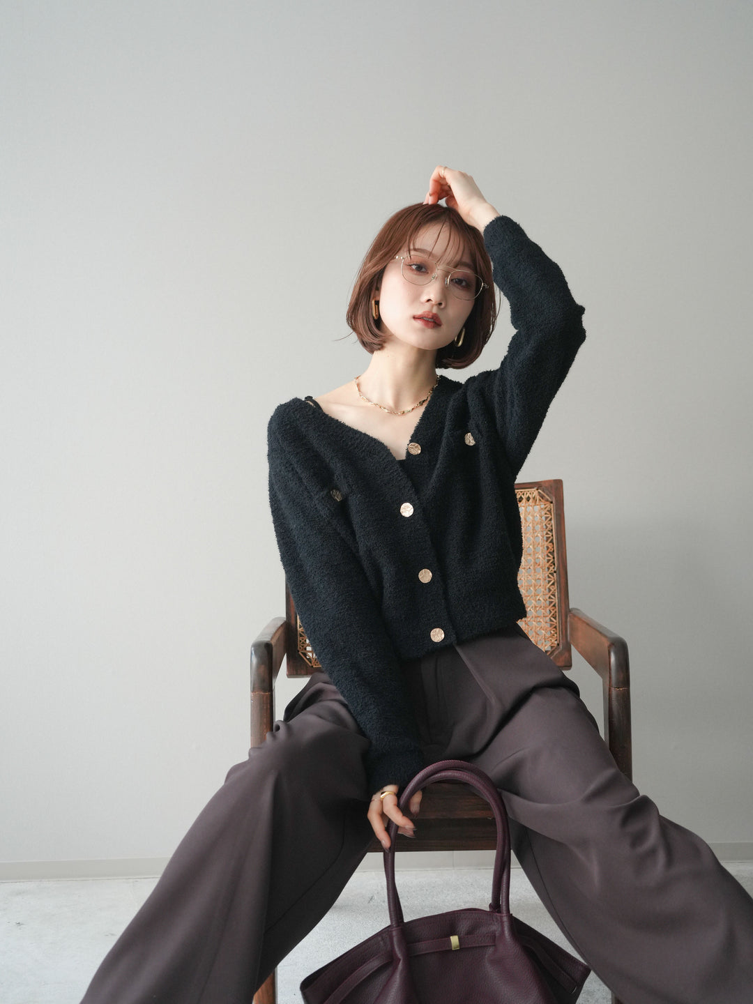 [SET]ゴールドボタンモールニットカーディガン+ベルトループデザインワイドパンツ(2set)