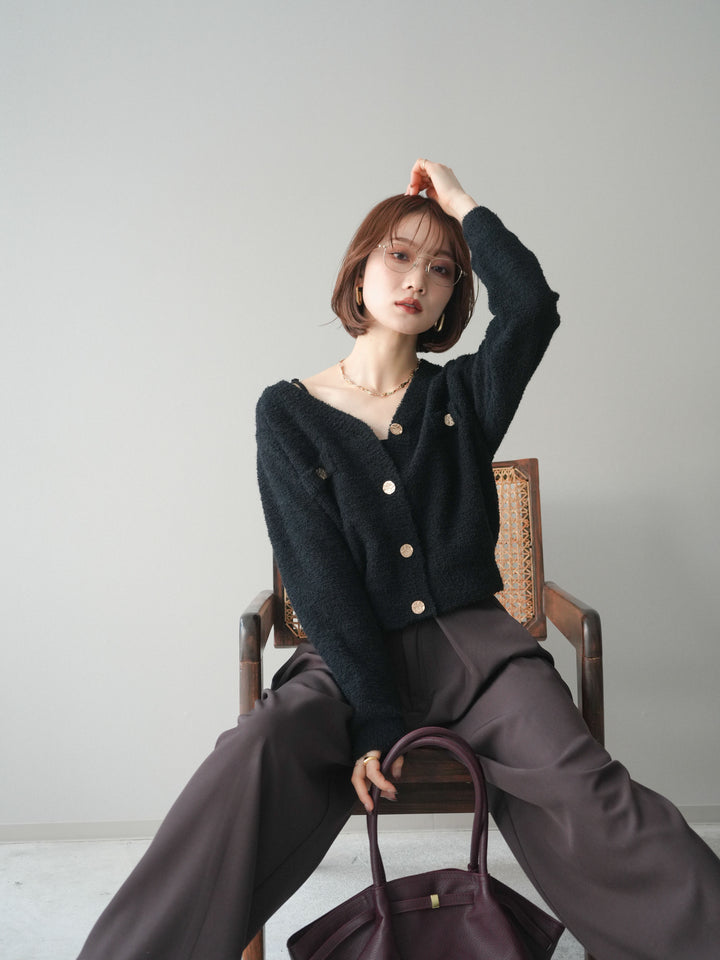 [SET]ゴールドボタンモールニットカーディガン+ベルトループデザインワイドパンツ(2set)