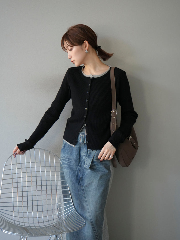 [予約]レイヤード配色ニットカーディガン/ブラック