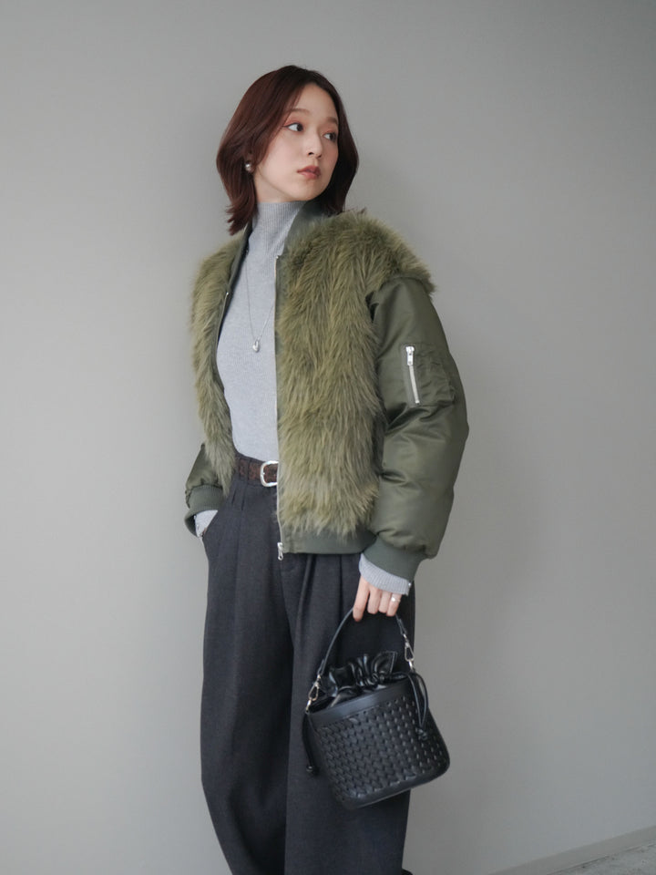 [SET]ファードッキングMA-1+袖ボタンボトルネックリブニットトップス+アニマル柄ベルト付きウールタッチワイドパンツ(3set)