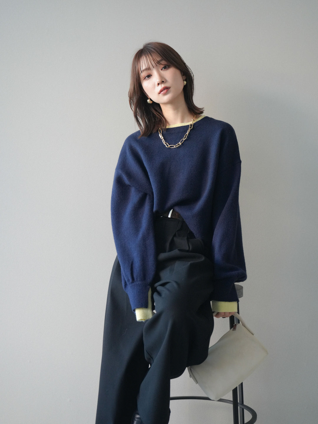 [予約]ヘンリーネック配色レイヤードニットプルオーバー/navy