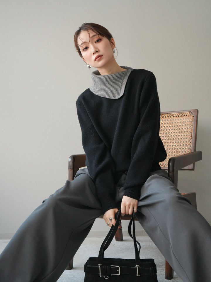 [予約]デザインネックバイカラーニットプルオーバー/black