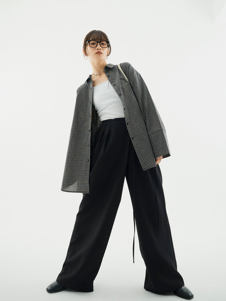 【Allure】[SET]チェックBIGカフスオーバーシャツ+ラップデザインタックワイドパンツ(2set)