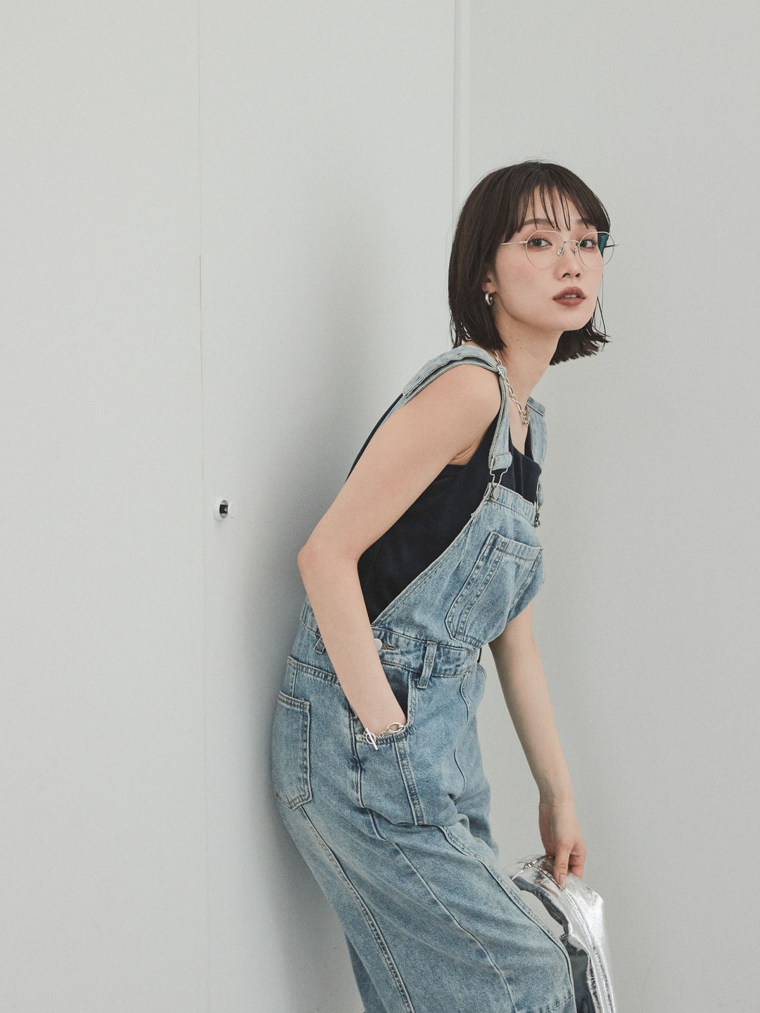 [SET]センターシームデニムサロペット +スクエアベロアタンクトップ(2set)