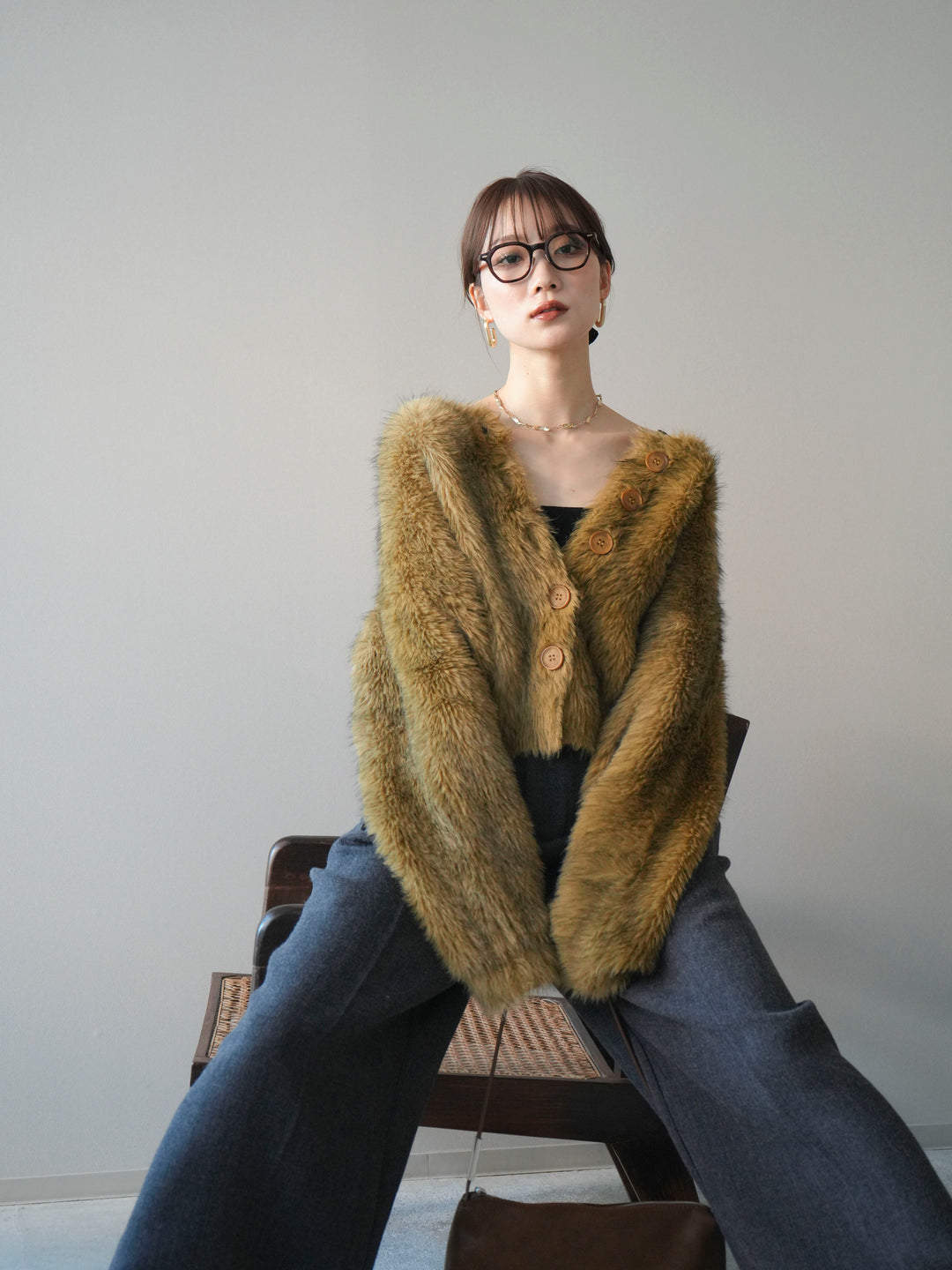 [予約]ミックスシャギーショートニットカーディガン/green