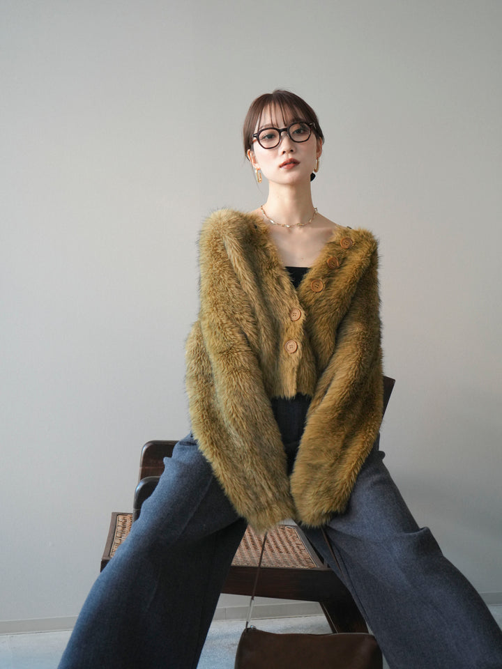 [予約]ミックスシャギーショートニットカーディガン/green