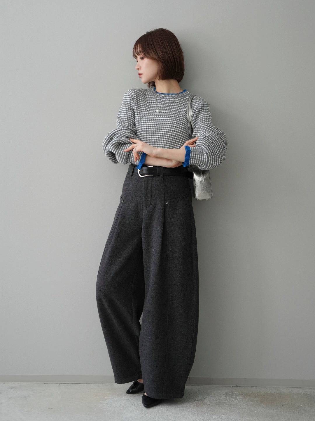 [SET]ラメ異素材ボーダーリブニットプルオーバー+ベルト付起毛コクーンパンツ(2set)