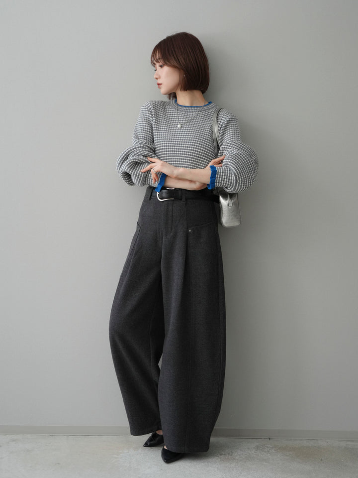 [SET]ラメ異素材ボーダーリブニットプルオーバー+ベルト付起毛コクーンパンツ(2set)