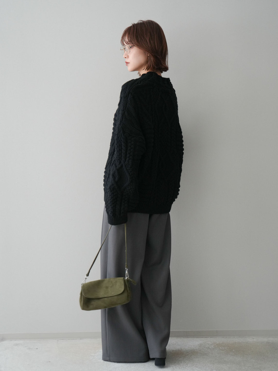 [SET]ケーブル編みモックネックニットプルオーバー+ベルトループデザインワイドパンツ(2set)