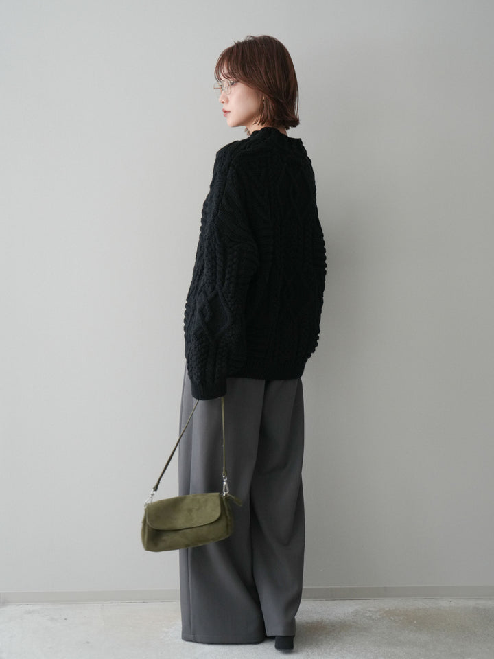 [SET]ケーブル編みモックネックニットプルオーバー+ベルトループデザインワイドパンツ(2set)