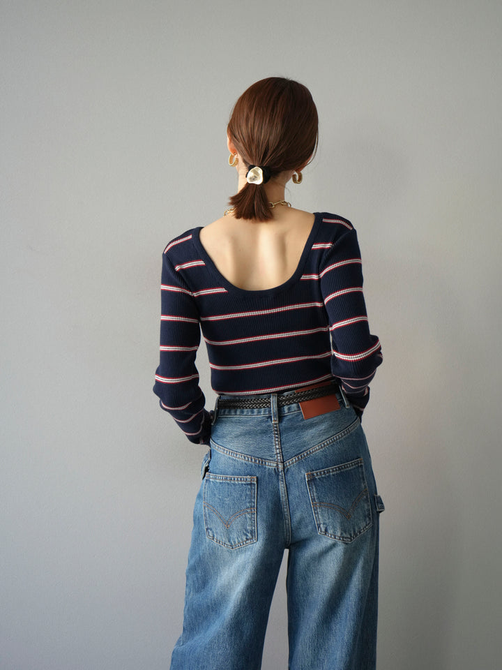 [予約]バックオープンボーダーテレコリブトップス/ネイビー