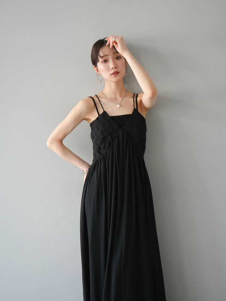 [SET]編み込みデザインシフォンワンピース+カップ付テレコリブベアキャミソール(2set)