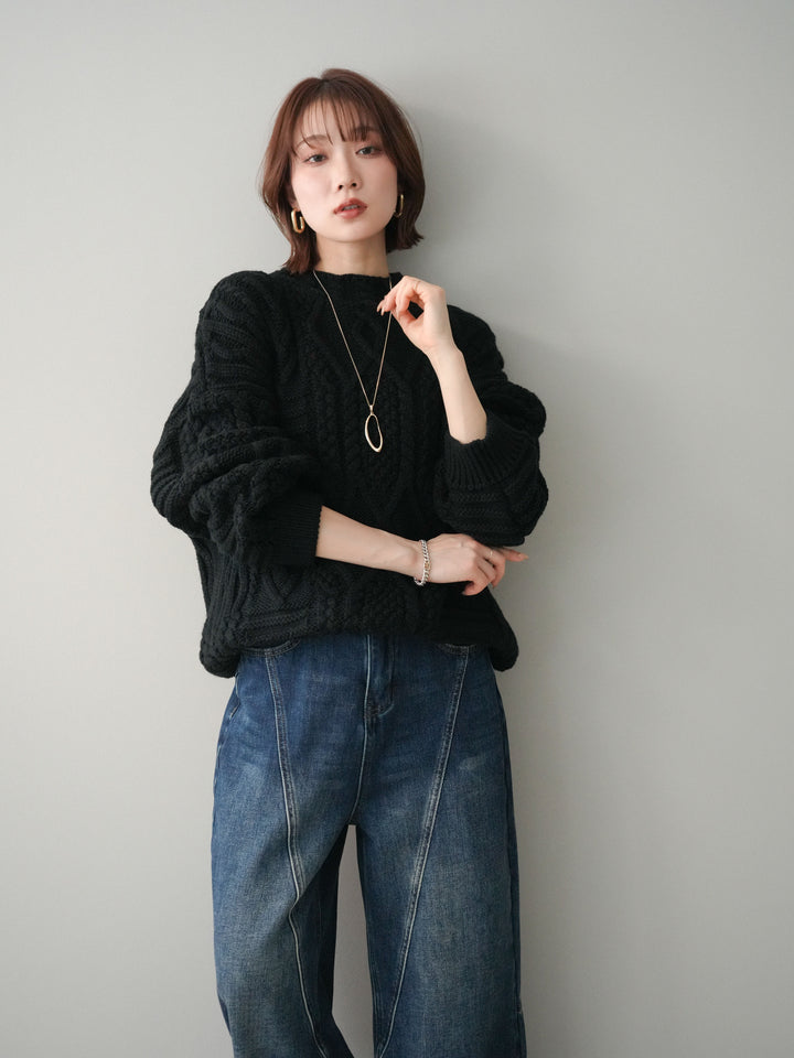 [予約]ケーブル編みモックネックニットプルオーバー/black